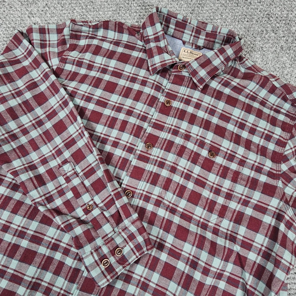 LL Bean Traditional Fit Plaid Flannel Shirt‎ Burgundy Teal Long Sleeve Men L